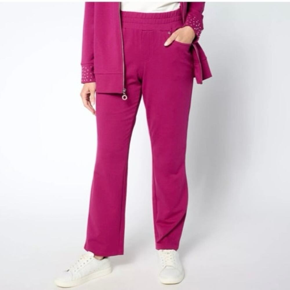 Quacker Factory by Jeanne Bice Pink Pull On Straight Leg Pants Size L Rhinestone
